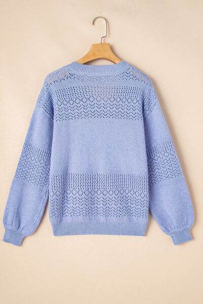 Openwork V-Neck Long Sleeve Sweater - Hovatok
