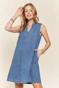 ADORA Notched Sleeveless Denim Dress with Pockets - Hovatok