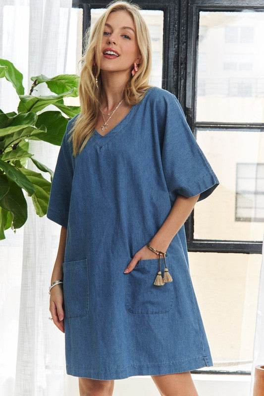 ADORA V-Neck Half Sleeve Mini Denim Dress - Hovatok