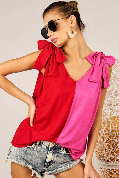 BiBi Shoulder Ribbon Tied Contrast Tank - Hovatok
