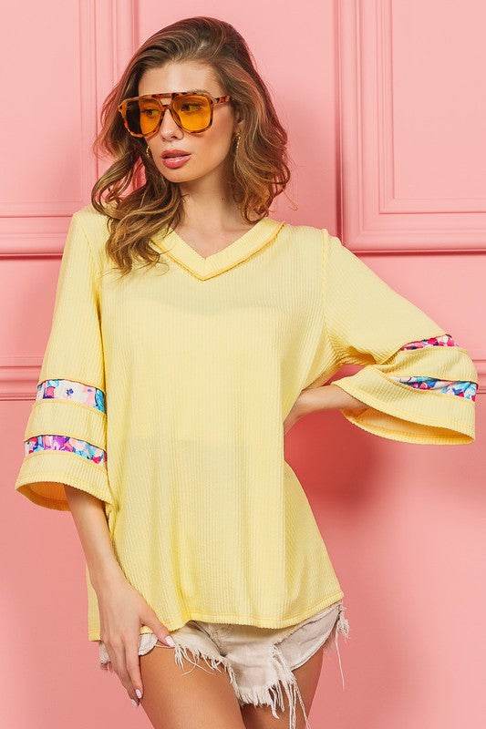 BiBi Cord Rib with Stitched Floral Contrast Top - Hovatok