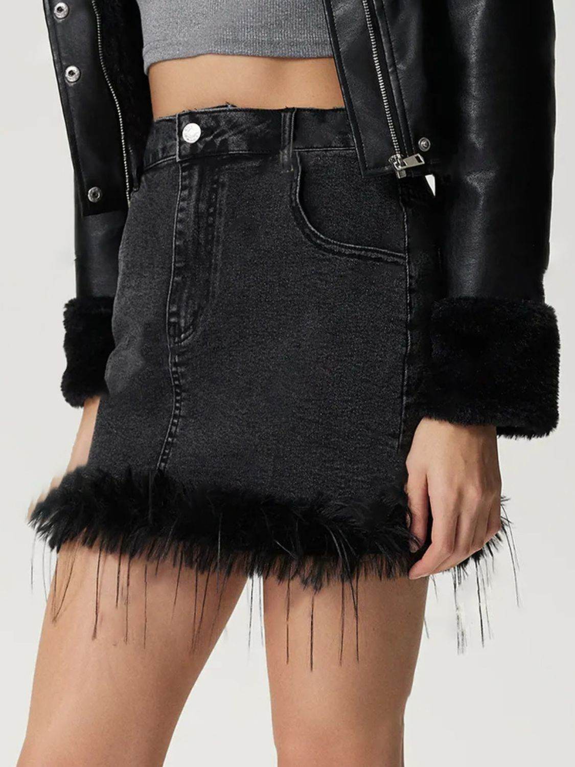 Plush Hem Mini Denim Skirt - Hovatok