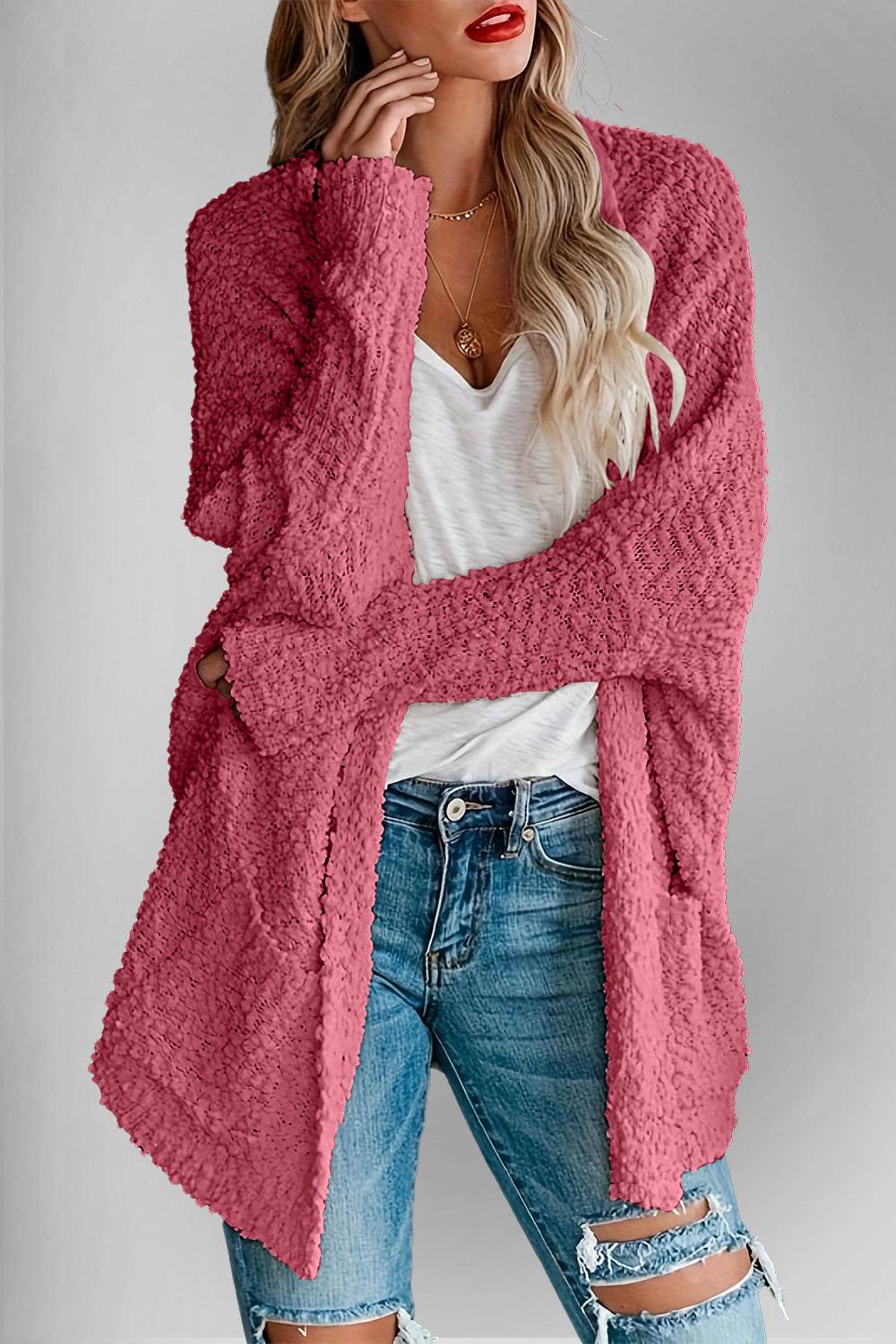 Double Take Pocketed Open Front Long Sleeve Cardigan - Hovatok