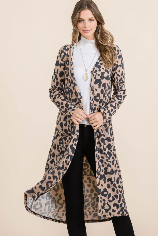 Celeste Full Size Leopard V-Neck Long Sleeve Cardigan - Hovatok