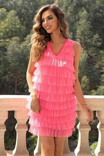 V-Neck Tiered Sleeveless Mesh Dress - Hovatok