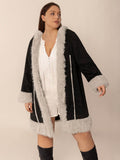 Plus Size Fuzzy Trim Open Front Long Sleeve Hooded Coat - Hovatok
