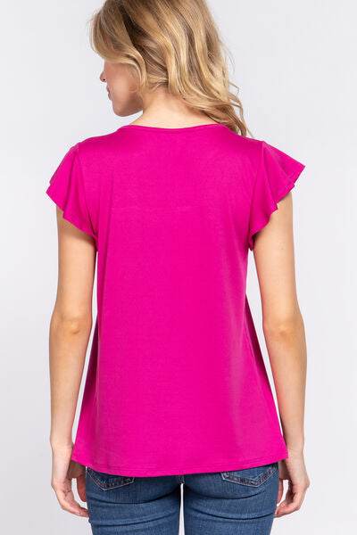 ACTIVE BASIC Ruffle Short Sleeve Lace Detail Knit Top - Hovatok