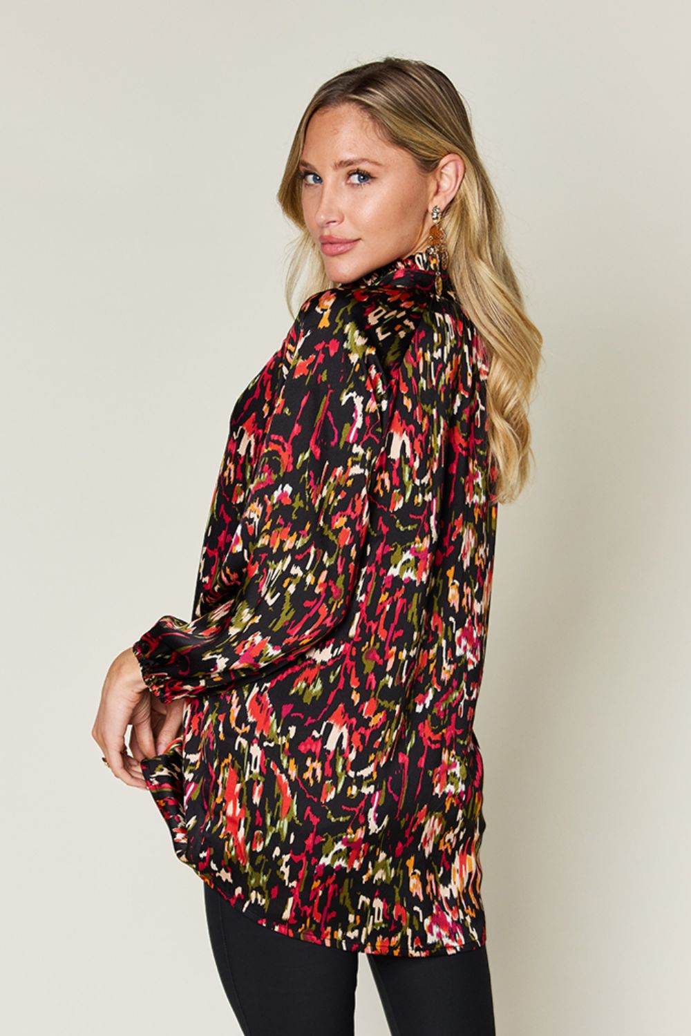 Double Take Full Size Printed Button Up Long Sleeve Shirt - Hovatok