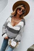 Angel Wings Color Block V-Neck Dropped Shoulder Sweater - Hovatok
