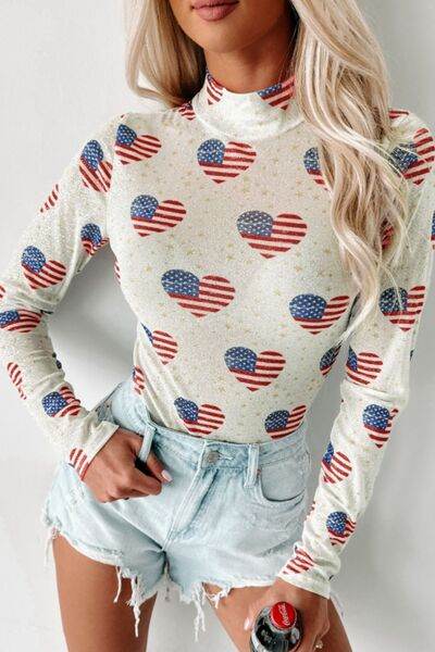 US Flag Heart Mock Neck Long Sleeve Bodysuit - Hovatok