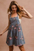BiBi Flower Printed Wide Strap Denim Overalls - Hovatok