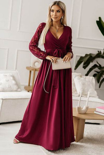 Lace Detail Surplice Tie-Waist Maxi Dress - Hovatok
