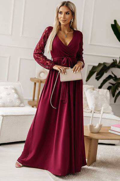 Lace Detail Surplice Tie-Waist Maxi Dress - Hovatok