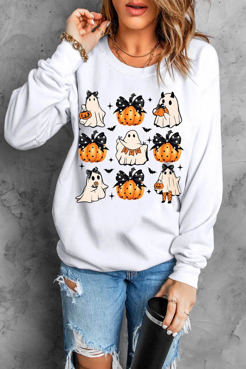Pumpkin & Ghost Round Neck Long Sleeve Sweatshirt - Hovatok