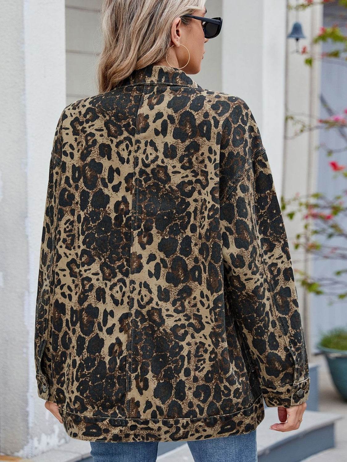 Leopard Button Up Drop Shoulder Denim Jacket - Hovatok