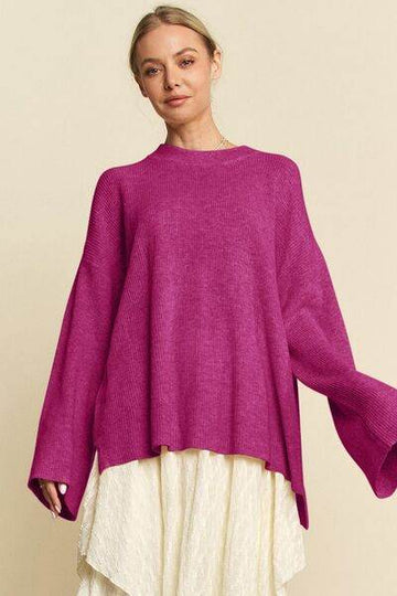 Davi & Dani High-Low Round Neck Drop Shoulder Sweater - Hovatok