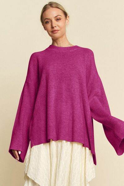 Davi & Dani High-Low Round Neck Drop Shoulder Sweater - Hovatok