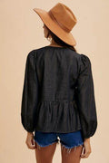 Annie Wear Tie Front Peplum Long Sleeve Denim Top - Hovatok