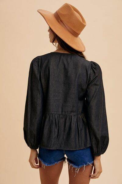 Annie Wear Tie Front Peplum Long Sleeve Denim Top - Hovatok