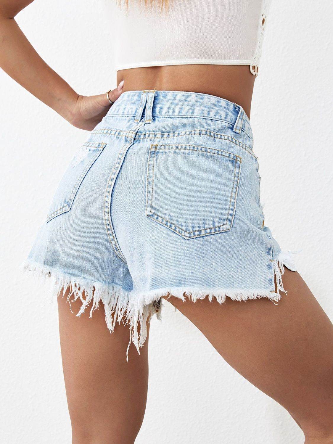 Distressed Raw Hem Denim Shorts - Hovatok
