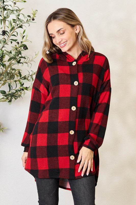 Heimish Full Size Plaid Button Front Hooded Shirt - Hovatok
