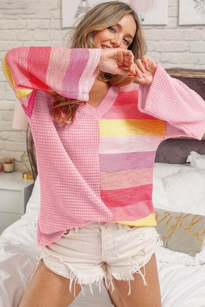 BiBi Striped Contrast Waffle Long Sleeve Top - Hovatok