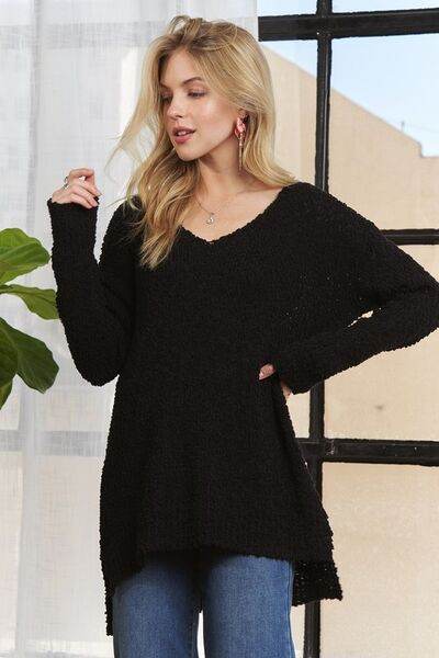 ADORA High-Low Side Slit V-Neck Sweater - Hovatok