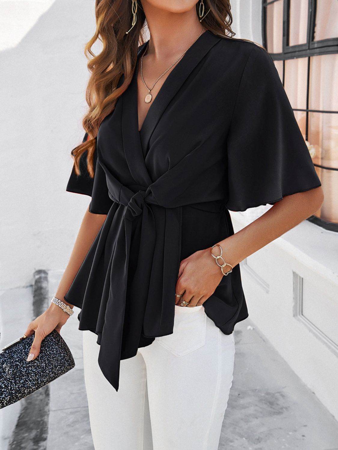 Devine Tied Front Peplum Blouse - Hovatok