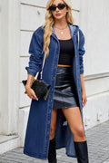 Button Up Long Sleeve Longline Hooded Denim Outerwear - Hovatok