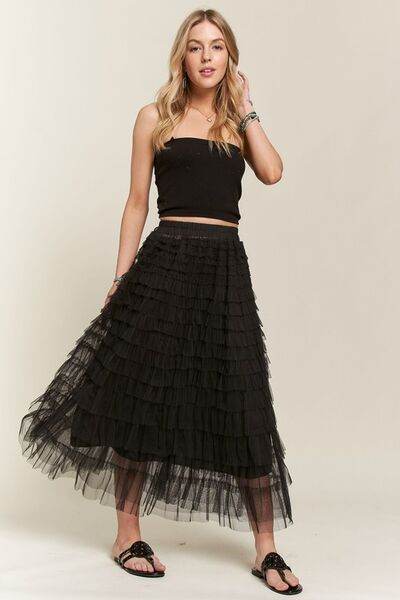 ADORA Elastic Waist Layered Mesh Midi Skirt - Hovatok