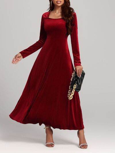 Square Neck Long Sleeve Velvet Dress - Hovatok