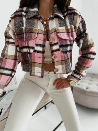 Pocketed Collared Neck Long Sleeve Plaid Jacket - Hovatok