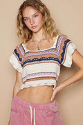 POL Openwork Ethnic Pattern Square Neck Cropped Knit Top - Hovatok