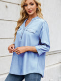 Notched Three-Quarter Sleeve Denim Top - Hovatok