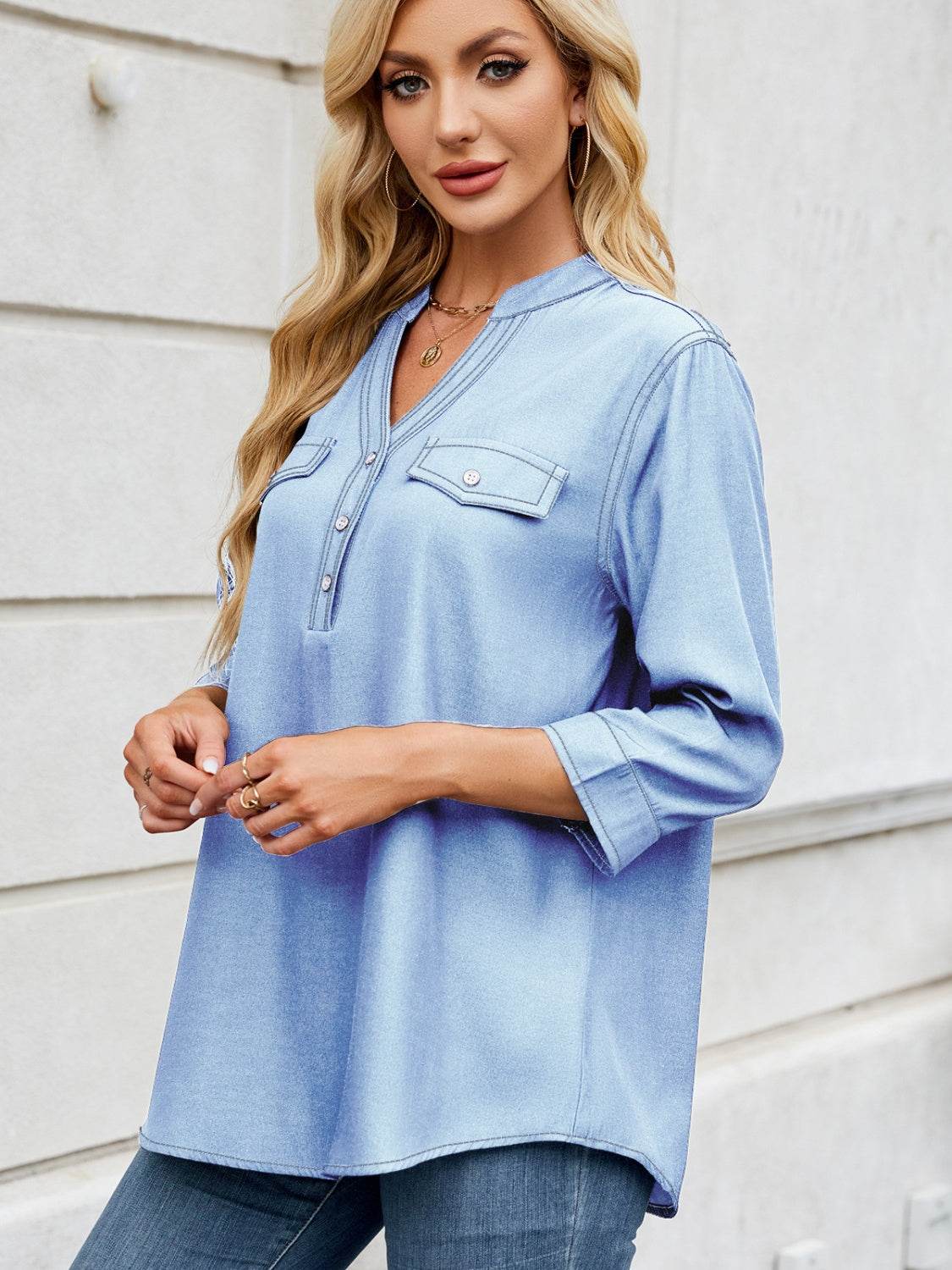 Notched Three-Quarter Sleeve Denim Top - Hovatok