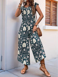 Perfee Printed Round Neck Cap Sleeve Wide Leg Jumpsuit - Hovatok