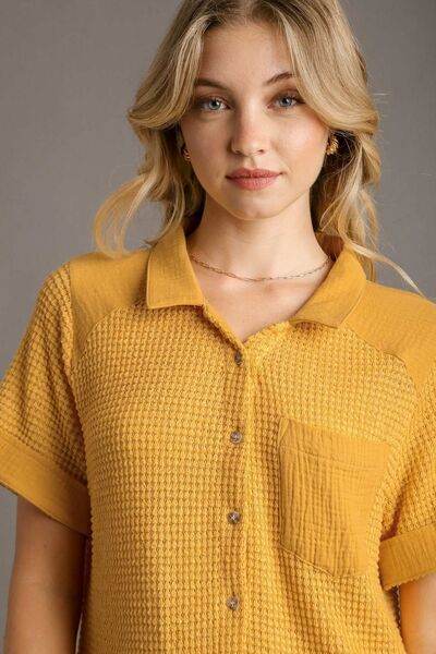 Umgee Full Size Waffle-Knit Short Sleeve Button Down Shirt Plus Size - Hovatok