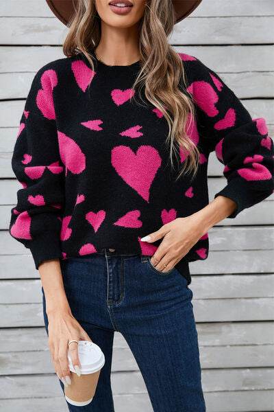 Angel Wings Heart Contrast Round Neck Long Sleeve Sweater - Hovatok