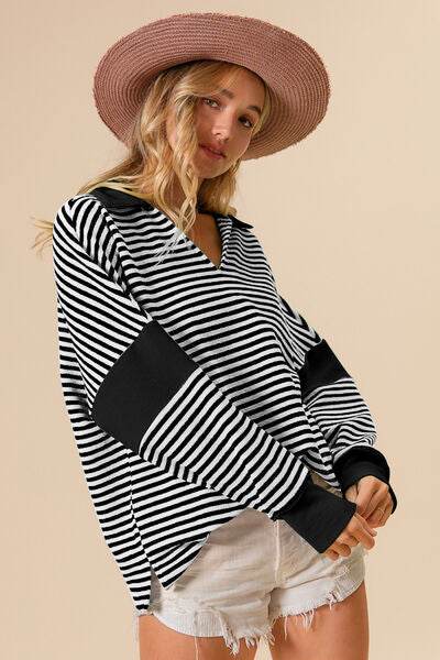 BiBi Striped Contrast Long Sleeve Knit Top - Hovatok