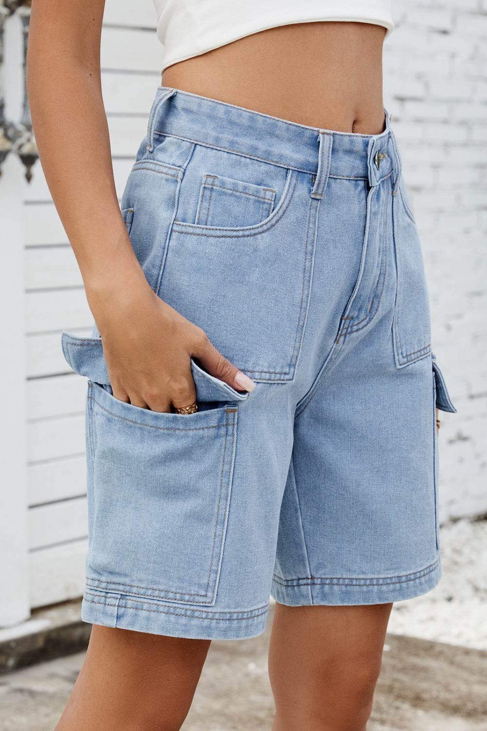 High Rise Denim Shorts with Cargo Pockets - Hovatok