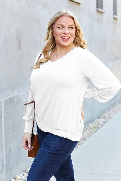 Basic Bae Full Size V-Neck Lantern Sleeve Top - Hovatok