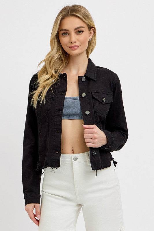 RISEN Full Size Irregular Fray Hem Button Up Denim Jacket Plus Size - Hovatok
