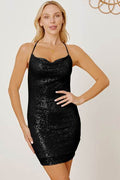 Sequin Spaghetti Strap Mini Wrap Dress - Hovatok