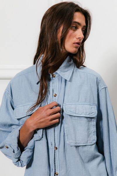 BiBi Button Down Stitch Detail Shirt with Chest Pockets - Hovatok