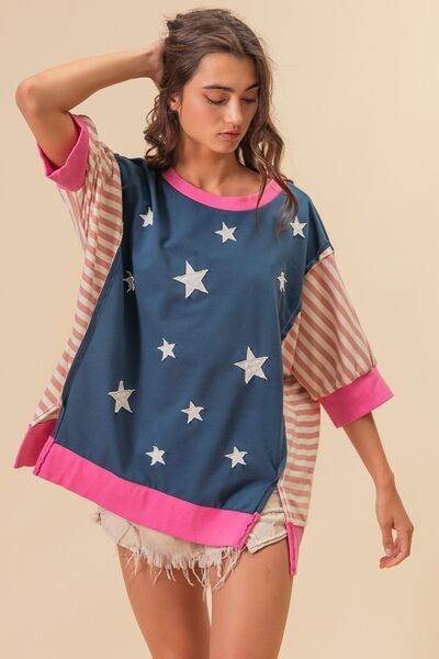 BiBi US Flag Theme Color Block Star Patch T-Shirt - Hovatok