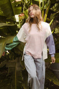 BiBi Exposed Seam Slit Striped Round Neck T-Shirt - Hovatok
