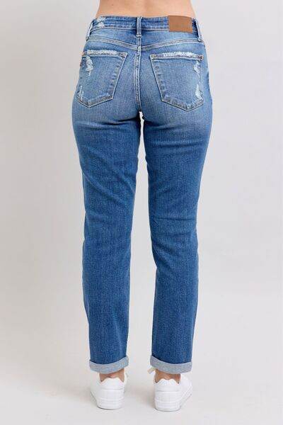 Judy Blue Full Size Button Fly Distressed Jeans with Pockets Plus Size - Hovatok