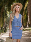 Openwork V-Neck Top and Skirt Knit Cover Up Set - Hovatok