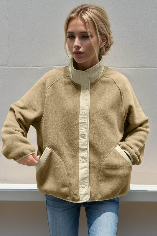 Double Take Snap Down Contrast Fleece Jacket with Pockets - Hovatok