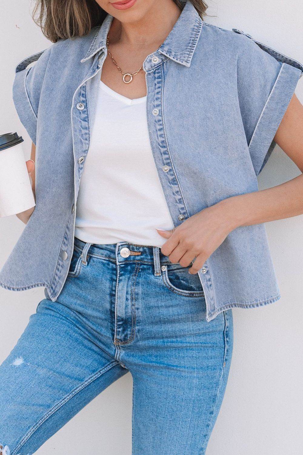 Snap Down Cap Sleeve Denim Top - Hovatok